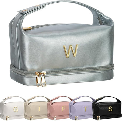 Women Gift Ideas, Personalized Makeup Bag with Handle, Initial Double Layer Cosmetic Bag with Makeup Brush Organizer, Cute Cosmetic Pouch for Women, Gifts for Friends Female Mom