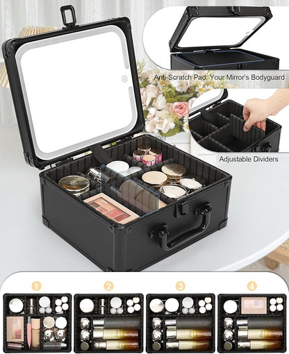 Makeup Case with Lighted Mirror, Travel Makeup Box with LED Mirror Makeup Organizer Bag Portable Cosmetic Train Case Makeup Artist Storage Bags with Adjustable Dividers Gifts for Women and Girls