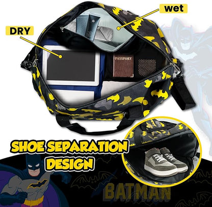 BATMAN Durable Travel Duffel Bag with Bold Yellow and Black Camouflage Pattern, Spacious Interior for All Essentials, Adjustable Shoulder Strap, Reinforced Handles,Stylish Design for Every Traveler