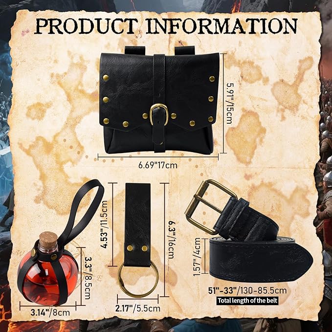 Renaissance Belt Pouch Viking Leather Medieval Belt Waist Bag Pirate Cosplay Festival Halloween Adjustable Accessories (Bottles-Black)