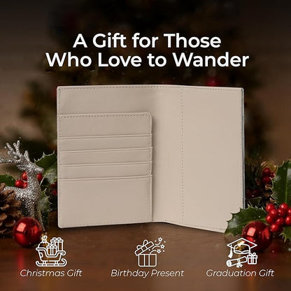 WANDERINGS Leather Travel Wallet with Passport Holder - 5.5" x 4" - Genuine Leather Case with RFID Blocking for Men and Women - Folding Wallet for Passports - Oat Color
