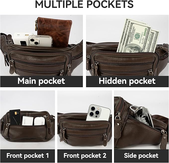 Leather Fanny Pack for Men Women,Genuine Leather Waist Belt Bag with Adjustable Strap Belt Hip Bag with Multi-Pockets for Travel Sports Running Cycling Hiking (brown)