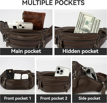 Leather Fanny Pack for Men Women,Genuine Leather Waist Belt Bag with Adjustable Strap Belt Hip Bag with Multi-Pockets for Travel Sports Running Cycling Hiking (brown)