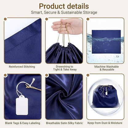 Ewen 7pcs Satin Shoe Bag Dustproof, 23.6x19.6in Dust Bags for Handbags with Drawstring Blank Tags, Travel Essentials Large Packing Bag, Dark Blue Purse Shoes Clothes Organizer for Closet Home Storage