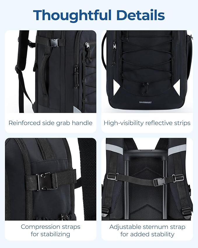 BAGSMART Carry On Travel Backpack, 17.3 Inch Large Travel backpack Carry On Flight Approved, Personal Item Backpack Travel Bag With Shoe Bag, 27L Water Resistant Casual Daypack, Black