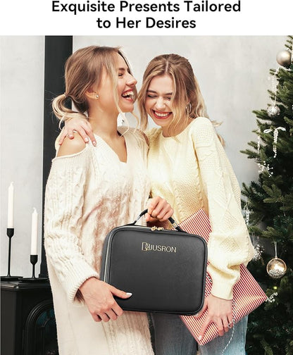 JUSRON Travel Makeup Bag With LED Mirror,Train Case with Light up Mirror, Portable Makeup Artist Organizer Bag with Adjustable Dividers (Black, Large)