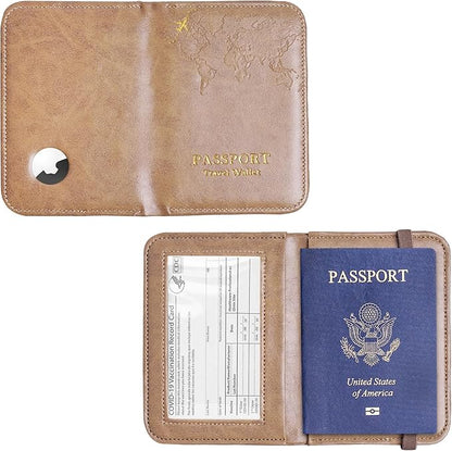 QIELIZI Passport Holder with Airtag Slot, Airtag Passport Wallet for Men Women, Slim Leather Passport Holder Case Family for Travel Anti-Lost(1-Yellow Grey)