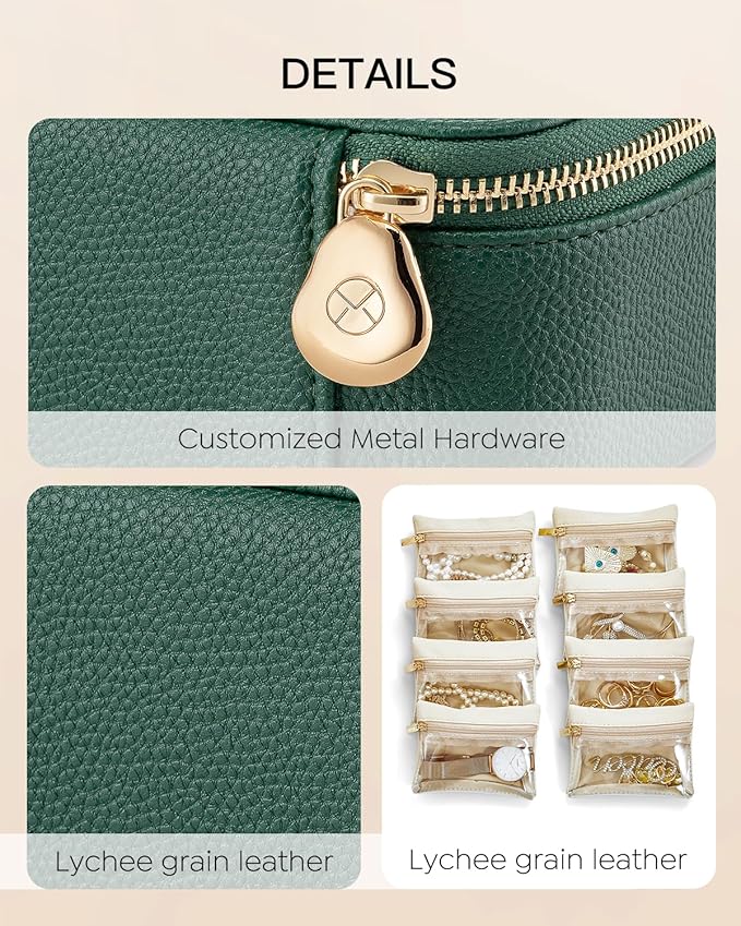 Vlando Jewelry Box with 8 Velvet Jewelry Bags Travel Jewelry Storage Box Petal Hardware Jewelry Organizer for Necklace Rings Earrings Women Gifts for Christmas Birthday-Green