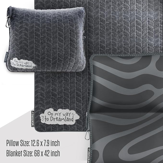 VENTURE 4TH Travel Blanket Pillow – Premium Ultra-Soft & Warm 2-in-1 Blanket or Pillow for Airplane, Car & Bus – Compact, Lightweight & Portable – Lint-Free, No Shedding, No Pilling - Gray