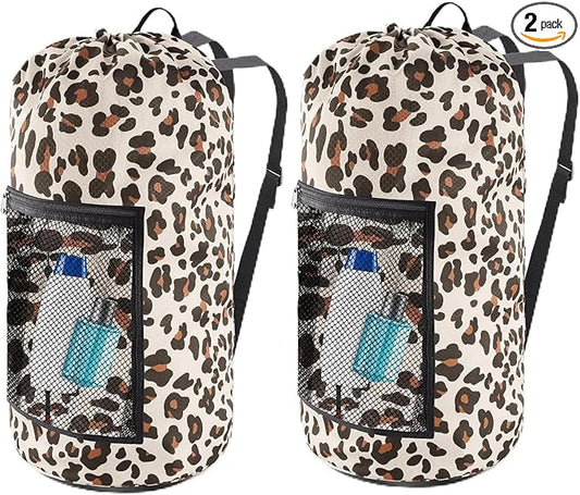Laundry Bag Backpack, 2PCS Extra Large Travel Laundry Bag with Mesh Pocket & Adjustable Shoulder Straps,Dirty Clothes Travel Bag for College Students Dorm,Apartment(Leopard Print)