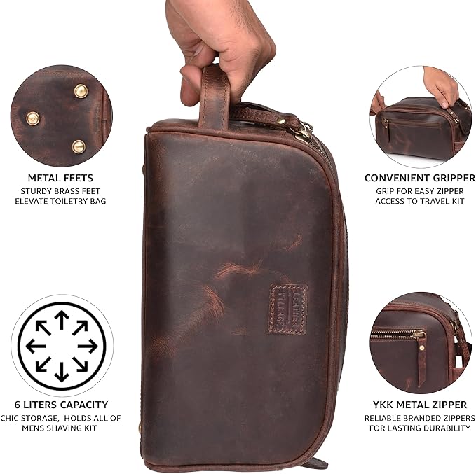 LEATHER VILLAGE Premium Leather Toiletry Travel Pouch With Waterproof Lining - Mulberry Brown | King-Size Handcrafted Vintage Dopp Kit Bag, Shaving & Bathroom Organizer, Gift for Men & Women