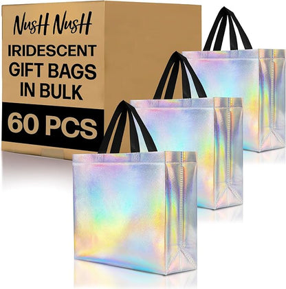Nush Nush Set of 60 Large Iridescent Gift Bags in Bulk - Big Holographic Reusable Gift Bags With Black Handles - For Small Business, Gifting Events, Christmas, Birthdays - 13Wx5Dx11H Size