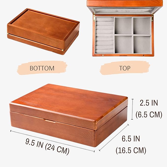 Wooden Jewelry Box for Women, Medium Size Real Natural Solid Wood Antique Organizer with Earring Storage, Ring Compartments, Built in Necklace Hooks, ek11-m