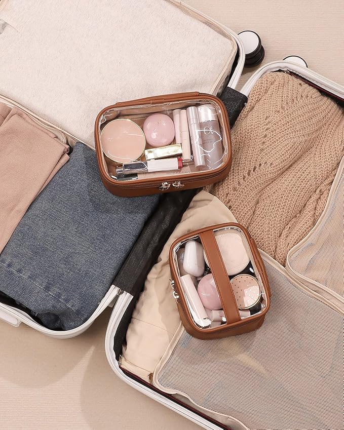 Pocmimut Clear Makeup Bags,Small Makeup Pouch with Large Cosmetic Bag Toiletry Bag Car Accessories Storage for Women Men,Travel Essentials Organizers,Brown