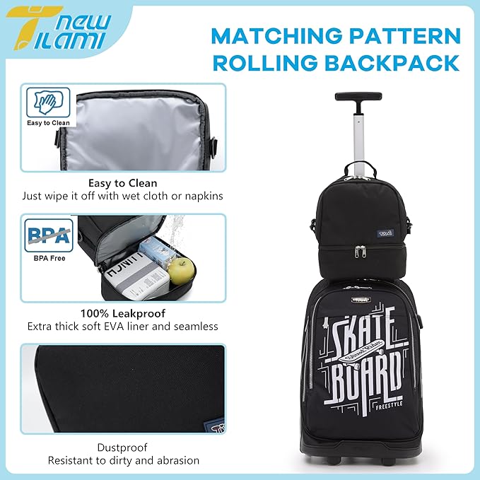 NEW TILAMI 19 Inch Rolling Backpack with Lunch Bag for Girls Boys Wheeled Laptop Backpack Durable Carry-on Bag School Travel, Skate Board