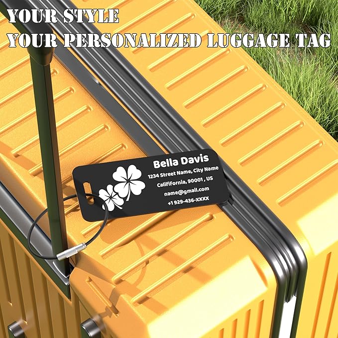 4 PCS Personalized Luggage Tags for Suitcases, Custom Aluminum Luggage Tags for Bags and Backpacks, Waterproof & Heavy Duty Personalized Metal Name Tags for Travel (Black)