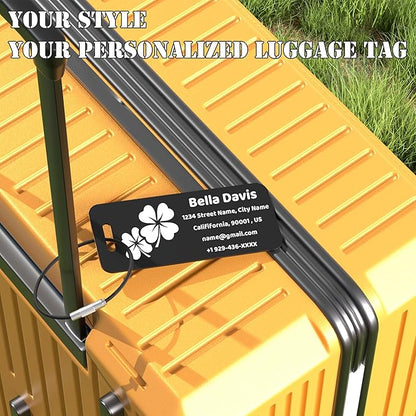 4 PCS Personalized Luggage Tags for Suitcases, Custom Aluminum Luggage Tags for Bags and Backpacks, Waterproof & Heavy Duty Personalized Metal Name Tags for Travel (Black)