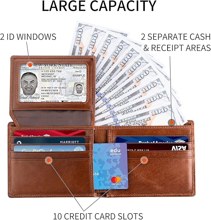 Leather Wallets for Men, Genuine Leather Mens Wallets Bifold Rfid Blocking with 2 ID Windows