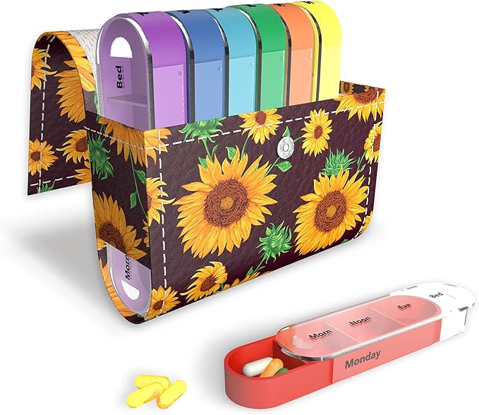 Pill Organizer,LIZIMANDU Weekly Travel Pill Case Box Medication Reminder Daily AM PM, Day Night 7 Compartments,for 4 Times A Day, 7 Days a Week-Includes Leather PU Carrying Case (Sunflower)