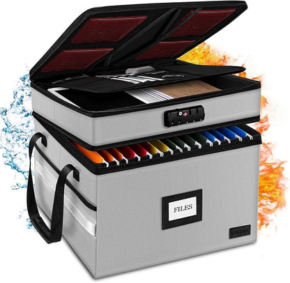 Fireproof Document Box with Lock, 2-Layer File Box Storage Organizer with 5 Tabs& Insert, Portable File Cabinet Storage Box with Handle for Hanging Letter,Legal Size Folder/Certificate, Silver Grey