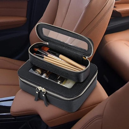 Pinkmik Travel Clear Makeup Bag with Brush Case TSA Approved Toiletry Bag Waterproof Cosmetic Organizer with Zipper Car Essential for Women (Black, M+SLIM)