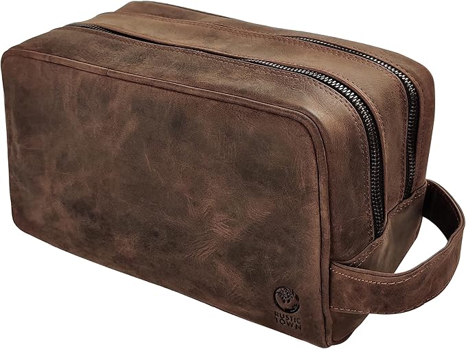 RUSTIC TOWN Full Grain Leather Travel Toiletry Bag - Cosmetic Ditty Kit Organizer (Dark Brown)