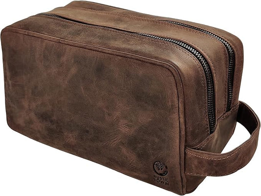 RUSTIC TOWN Full Grain Leather Travel Toiletry Bag - Cosmetic Ditty Kit Organizer (Dark Brown)