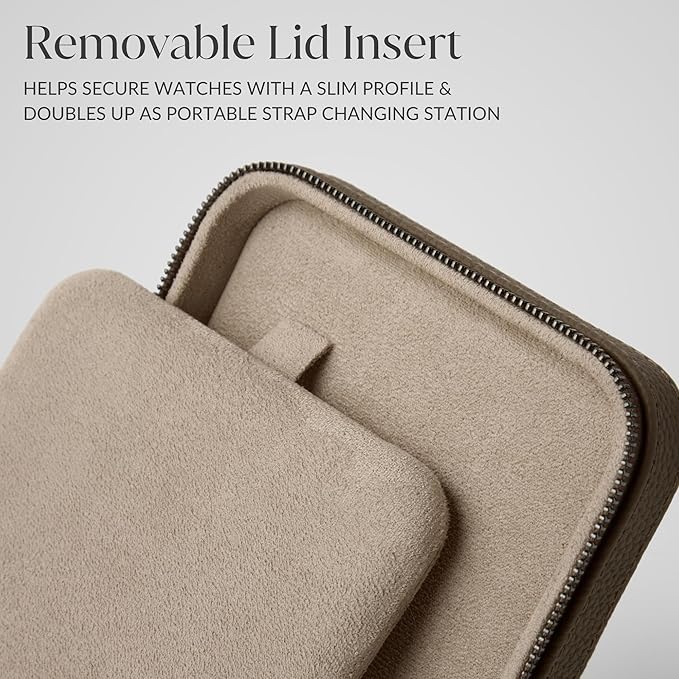 TAWBURY 2 Watch Travel Case - Genuine Top-Grain Leather Watch Box for Men & Women with Metal Zipper and Extra Wide Pillows for Large Watches (Taupe)