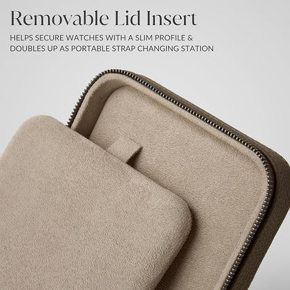 TAWBURY 2 Watch Travel Case - Genuine Top-Grain Leather Watch Box for Men & Women with Metal Zipper and Extra Wide Pillows for Large Watches (Taupe)