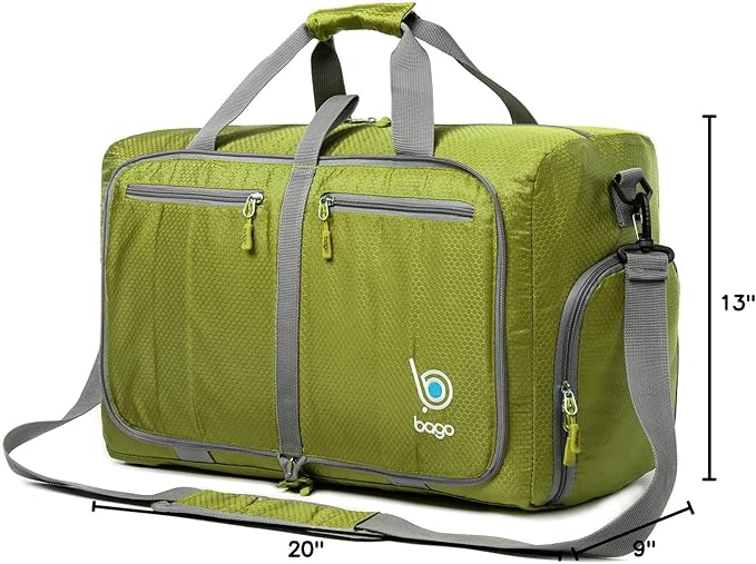 Bago Foldable Duffel Bags for Traveling Women & Men - 40L Sports Packable Duffle Bag for Travel with Shoe Compartment - Water Repellant, Heavy Duty, Lightweight Folding & Collapsible (Green)