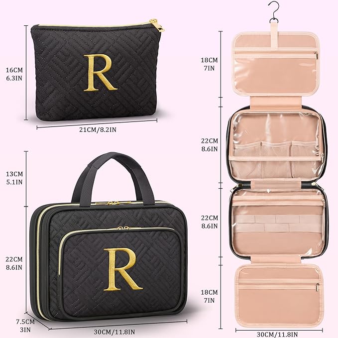 Gifts for Women, Initial Toiletry Makeup Bag Hanging Cosmetic Organizer with Embroidery Letter Personalized Nurse Teacher Appreciation Gift Birthday Christmas Gifts for Mom Sister Wife Friend Auntie