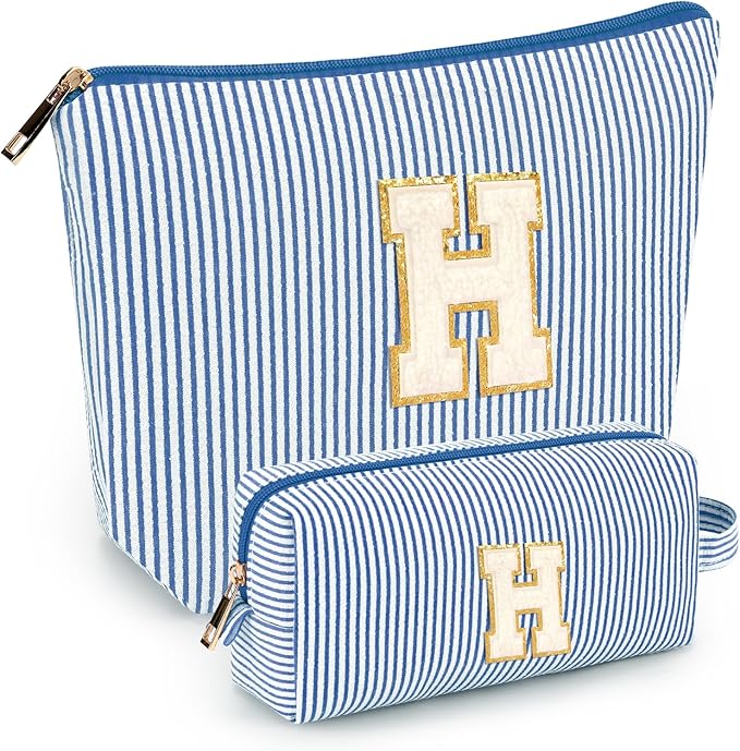 2 PCS Initial Makeup Bags for Women: Cosmetic Bag for Travel Toiletry - Birthday Gifts for 11 12 13 14 15 16 17 18 Years Old Girl Graduation Teacher Gift- Teen Girl Gifts Trendy Stuff - Blue H