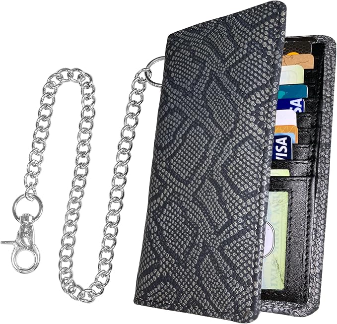CLASSIC Motorcycle Chain Wallet for Men – Premium Cowhide Leather, RFID Bi-Fold Biker Wallet with Heavy Duty Chain for Bikers Truckers & Hunters, Credit Card Money Organizer Long Wallet Snake Black
