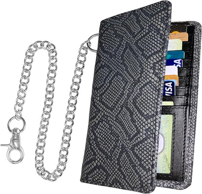 CLASSIC Motorcycle Chain Wallet for Men – Premium Cowhide Leather, RFID Bi-Fold Biker Wallet with Heavy Duty Chain for Bikers Truckers & Hunters, Credit Card Money Organizer Long Wallet Snake Black