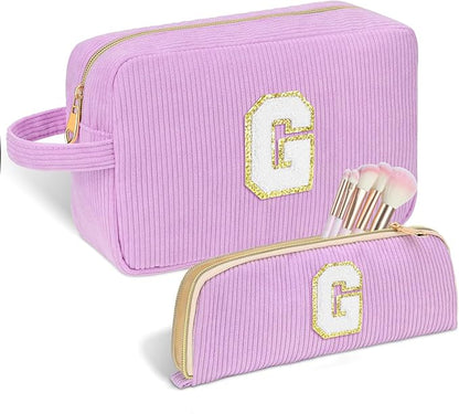 Personalized Initial Makeup Bag Trendy Stuff Corduroy Cosmetic Bag Travel Toiletry Bag for Women, Christmas/Thanksgiving/Halloween Gifts Makeup Organizer Case for Teen Girls Mom Girlfriend Wife.