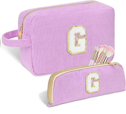 Personalized Initial Makeup Bag Trendy Stuff Corduroy Cosmetic Bag Travel Toiletry Bag for Women, Christmas/Thanksgiving/Halloween Gifts Makeup Organizer Case for Teen Girls Mom Girlfriend Wife.