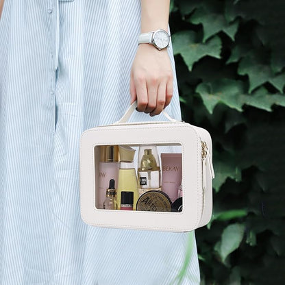 Pinkmik Clear Makeup Bag for Women Waterproof Travel Cosmetics and Toiletries Case Portable Makeup Oaganizer Bag Clear Car Bag with Zipper (White, L)