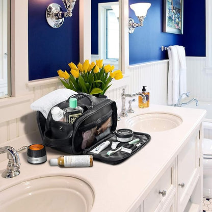 Elviros Toiletry Bag for Men, Large Travel Shaving Dopp Kit Water-resistant Bathroom Toiletries Organizer PU Leather Cosmetic Bags Fathers Day Gift(Medium, Black)