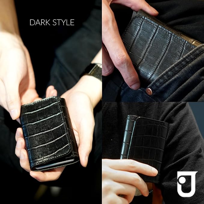 Jenoss Smart Wallet For Men: Full Grain Leather, Handcrafted, Slide Metal Pop Up Case, Slim RFID Blocking Credit Card Holder, Minimalist Compact, 6-8 Cards Organizers, Front Pocket, Money Clip (Black)