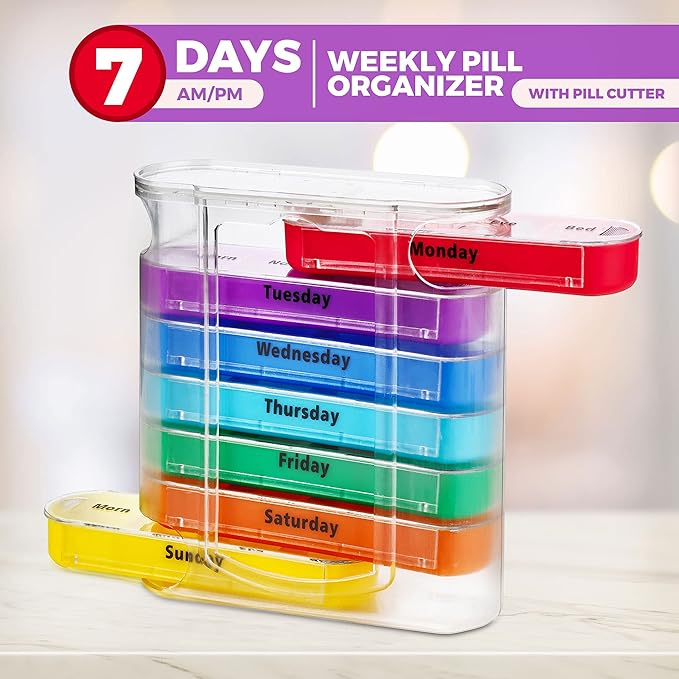V-Grip Pill Splitter - Stackable Pill Organizer with 4 Daily Compartments, Medicine, Vitamin Organizer with AM/PM Boxes