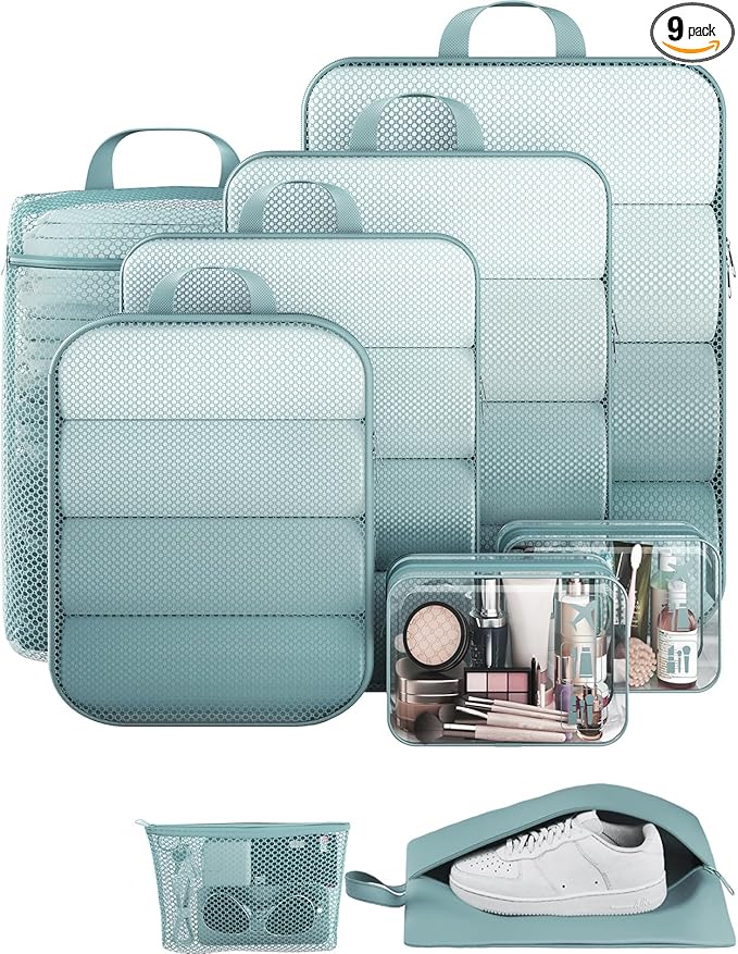 Veken 9/11 Set Compression Packing Cubes for Travel Essentials,Compressible Expandable Large Luggage Suitcase Organizer Bags for Clothing,Durable Space Saver Storage Bags with Toiletry Bags(Blue Gray)