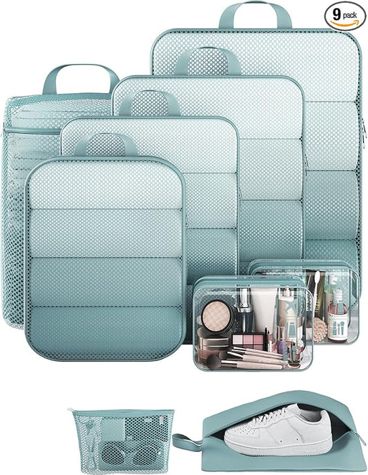 Veken 9/11 Set Compression Packing Cubes for Travel Essentials,Compressible Expandable Large Luggage Suitcase Organizer Bags for Clothing,Durable Space Saver Storage Bags with Toiletry Bags(Blue Gray)