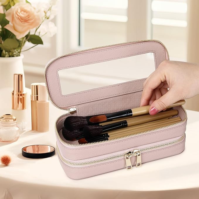 Pinkmik Double Layer Makeup Bag Makeup Brush Case Waterproof Travel Cosmetic & Toiletry Bag Purse Organizer and Car Essentials for Women (Pink, Double SLIM)