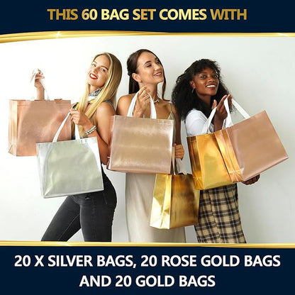 Nush Nush Mix Color Large Gift Bags Bulk - Set of 60 (20 of Each Color Rose Gold, Silver and Gold) Reusable Gift Bags With Handles - Ideal Goodie Bag for Christmas, Small Business, Events - 8X4X10
