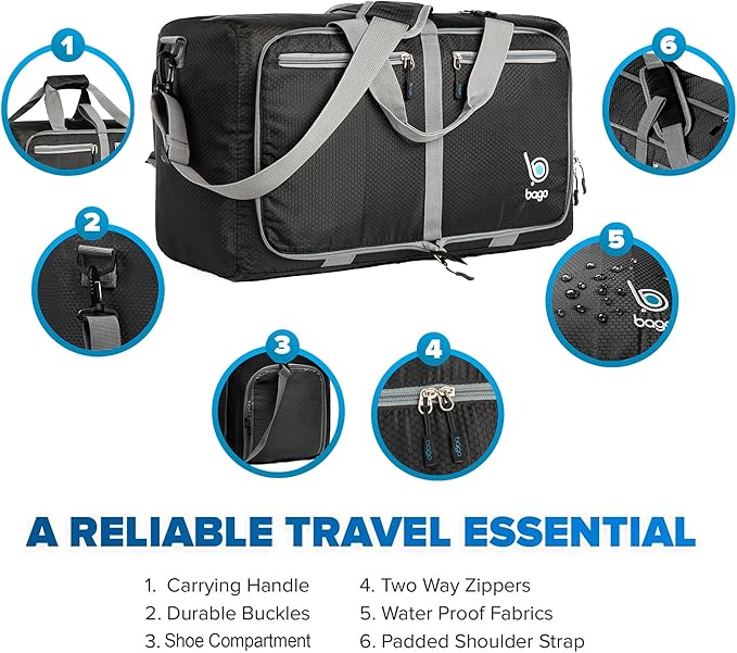 Bago Foldable Duffel Bags for Traveling Women & Men - 40L Sports Packable Duffle Bag for Travel with Shoe Compartment - Water Repellant, Heavy Duty, Lightweight Folding & Collapsible (Black)