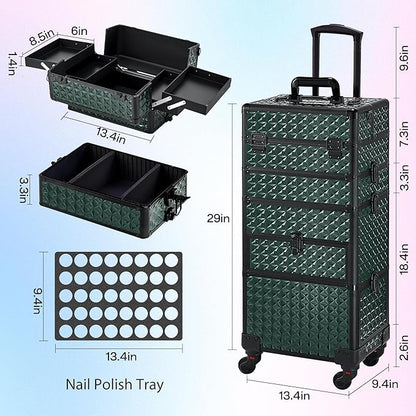 Makeup Train Case with Drawer, Rolling Makeup Case, Cosmetology Case on Wheels, Gift, Large Makeup Case Organizers, Professional for Salon Barber, Nail, Tattoo, Black Green