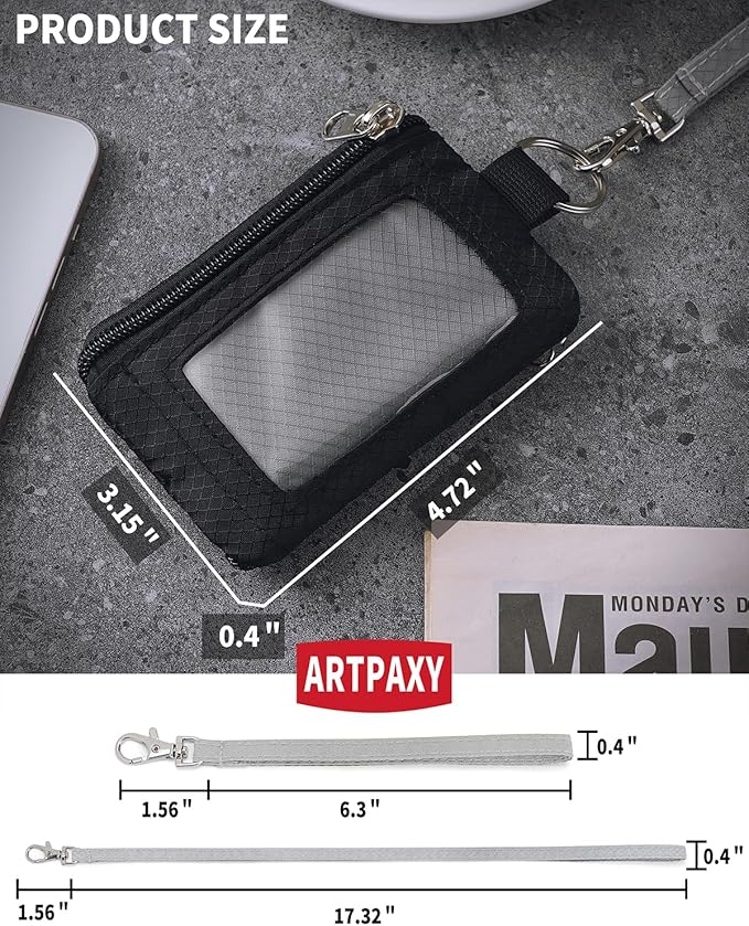 Minimalist Wallet For Mens Womens, Keychain RFID Blocking Zipper Small Wallet with ID Window 2 Lanyards,Water Resistant Travel Cash Card Coin Case Boys Girls