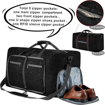 Vomgomfom 65L/85L/115L Foldable Travel Duffle Bag, Lightweight Checked Luggage with Shoe Compartment, Water-Resistant Weekender Overnight Bag for Men & Women