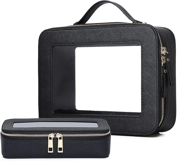 Pinkmik Clear Makeup Bag with Brush Bag 2pcs Waterproof Travel Case for Cosmetics and Toiletries Women's Cosmetic Organizer with Zipper (Black, L+SLIM)