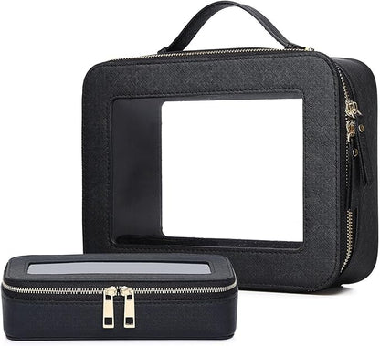 Pinkmik Clear Makeup Bag with Brush Bag 2pcs Waterproof Travel Case for Cosmetics and Toiletries Women's Cosmetic Organizer with Zipper (Black, L+SLIM)